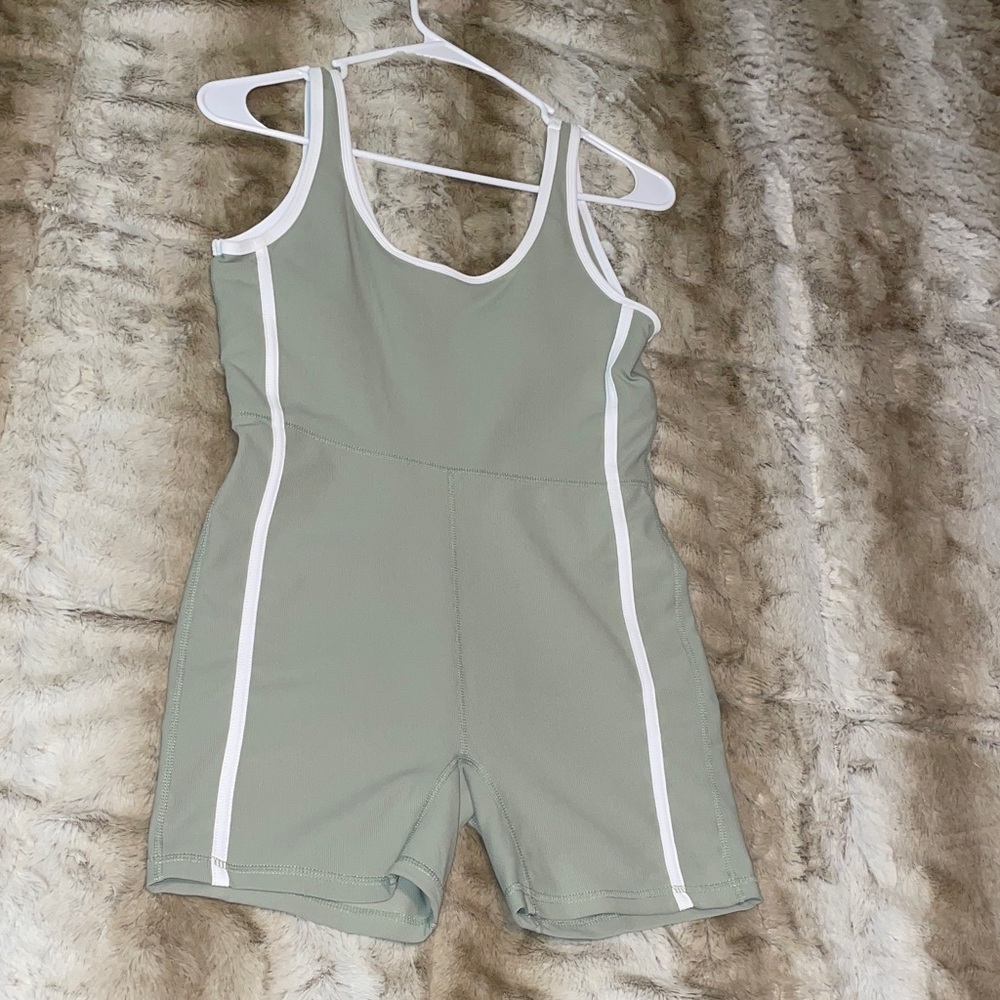 Women's Sage Green Active Romper with White Trim